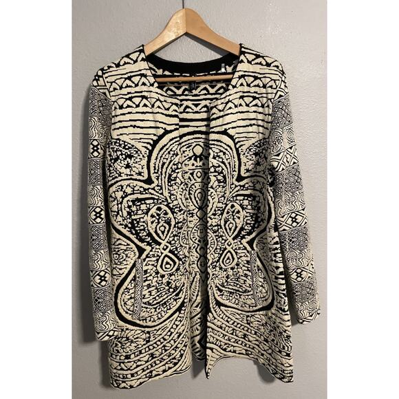 Luii Anthropologie Womens Jacket Medium Black Cream Abstract Tapestry Open Front - Picture 1 of 10
